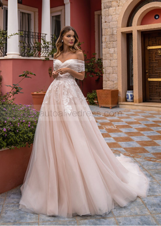 Off Shoulder Ivory Lace Blush Tulle Wedding Dress